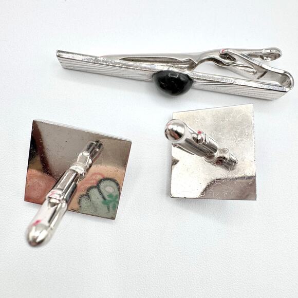 Vintage Swank Gray Tiger’s Eye Cufflink Tie Bar Set Silver Tone Dapper Formal - Picture 7 of 16